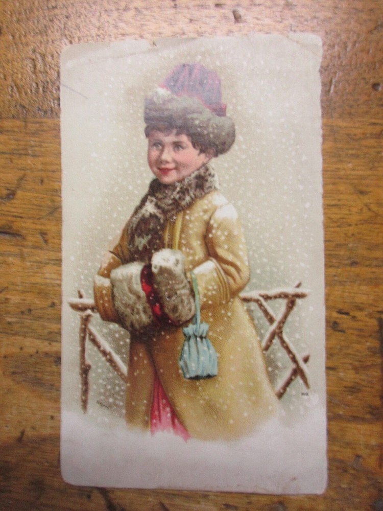 1895 ADVERTISING CARD PURE CALIFORNIA WINES 3X6&Prime; SMALL GIRL IN WINTER