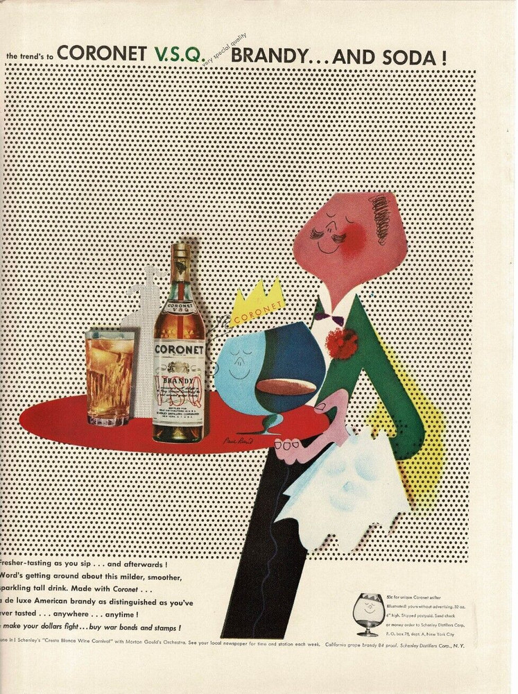 1943 Coronet VSQ Brandy Butler Maitre&rsquo;d art Artist Paul Rand Vintage Print Ad