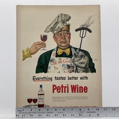 1949 Petri Wine Print Ad Everything Tastes Better Cook Burned BBQ Alcohol Bar