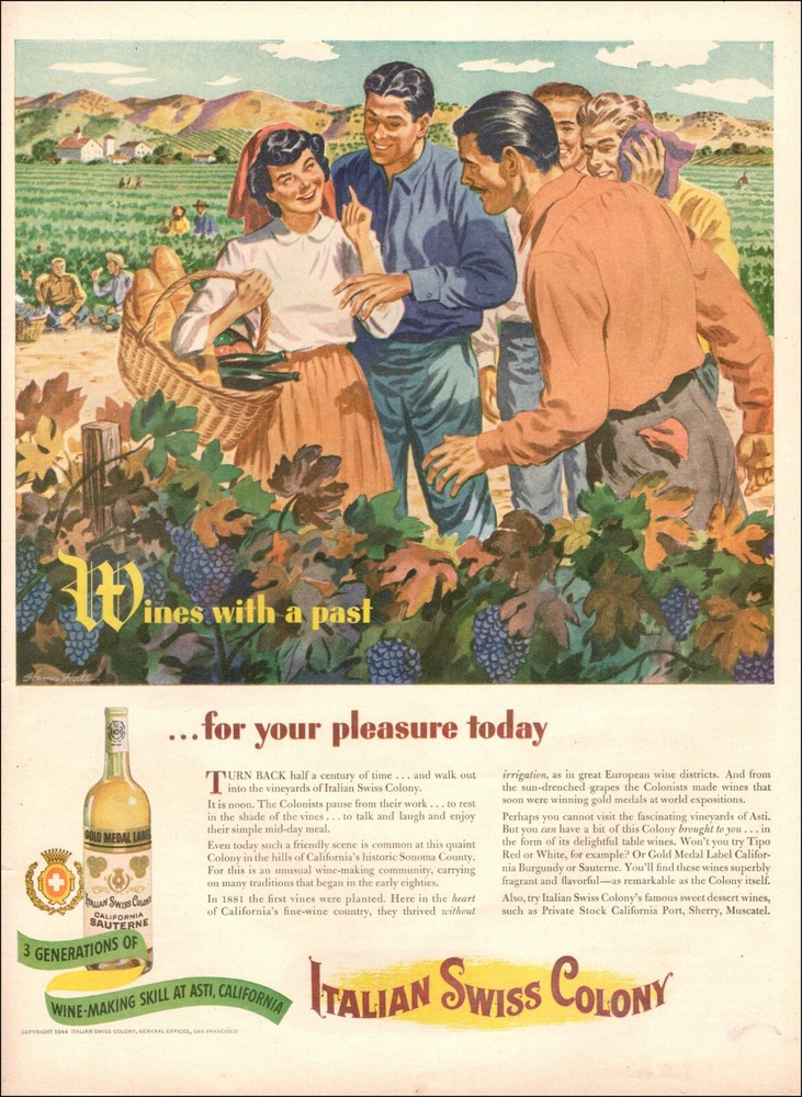 1944 WWII ad ITALIAN SWISS COLONY WINES California art, In the Vinyards 121021