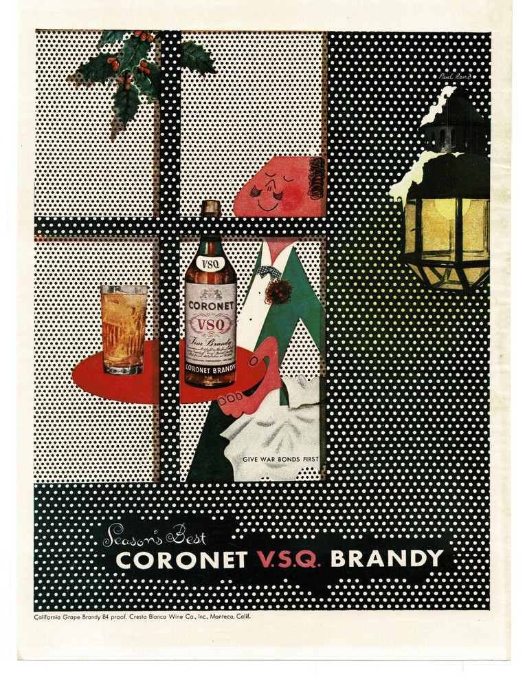 1945 Coronet VSQ Brandy Christmas WWII Buy War Bonds Vintage Print Ad