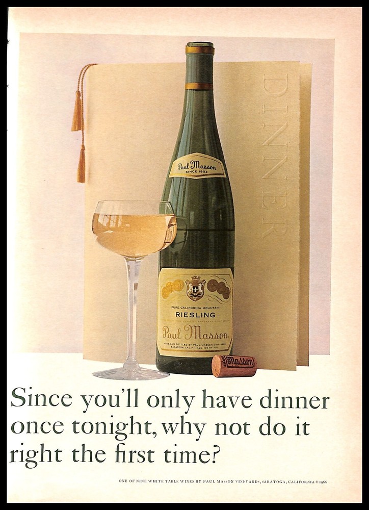 1967 Paul Masson Riesling Wine Vintage PRINT AD Alcohol Beverage Dinner