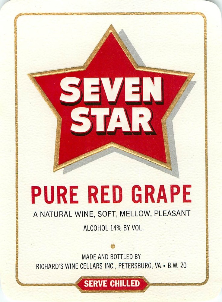 Vintage Wine Label Seven Star Pure Red Grape Richards Wine Cellars Petersburg Va