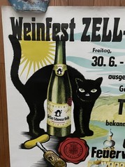 1989 Rare Original Zell Mosel Germany Wine Festival Black Cat Travel Poster