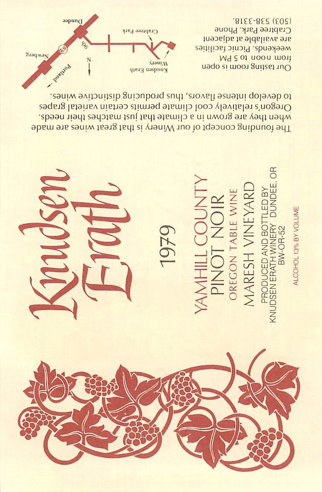 Knudsen Erath Pinot Noir Maresh Vineyard Yamhill OR 1970s 1979 Vtg Wine Label