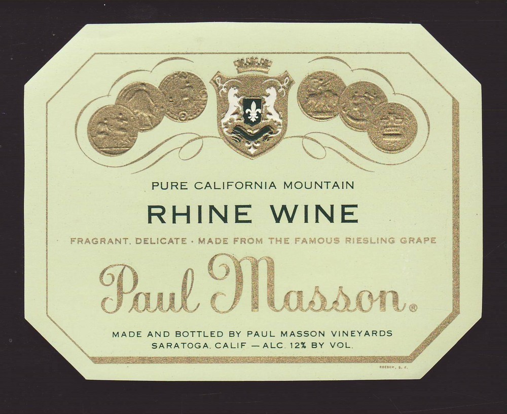 Paul Masson Wine Label – Pure California Mountain Rhine Wine -Unmarked