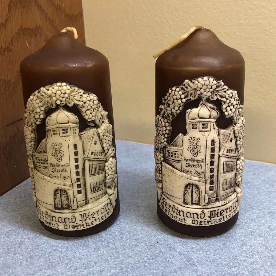2 vintage Brown Candles Ferdinand Pieroth Weingut Weinkeeret 5&Prime; tall