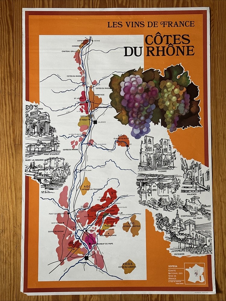 Vintage Cotes Du Rhône 1970s Travel Poster Wine Region Of France Map By Pouiteau