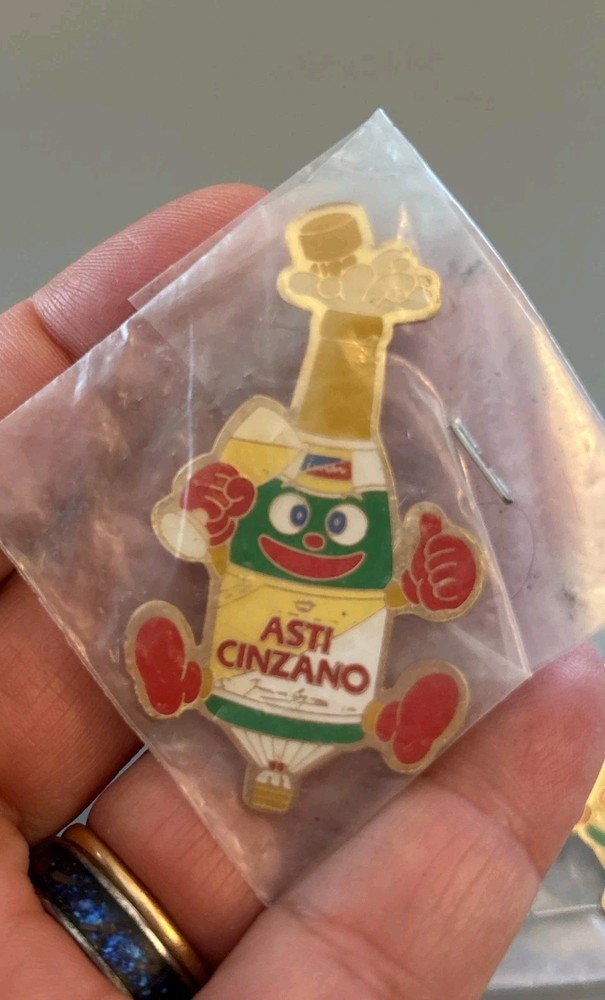 Vintage Asti Cinzano Italian Bottle Character Enamel Advertising Pin Sealed NOS