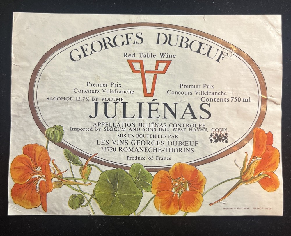 VINTAGE FRENCH WINE LABEL Georges Duboeuf BEAUJOLAIS FRANCE FLOWERS Slocum WINE