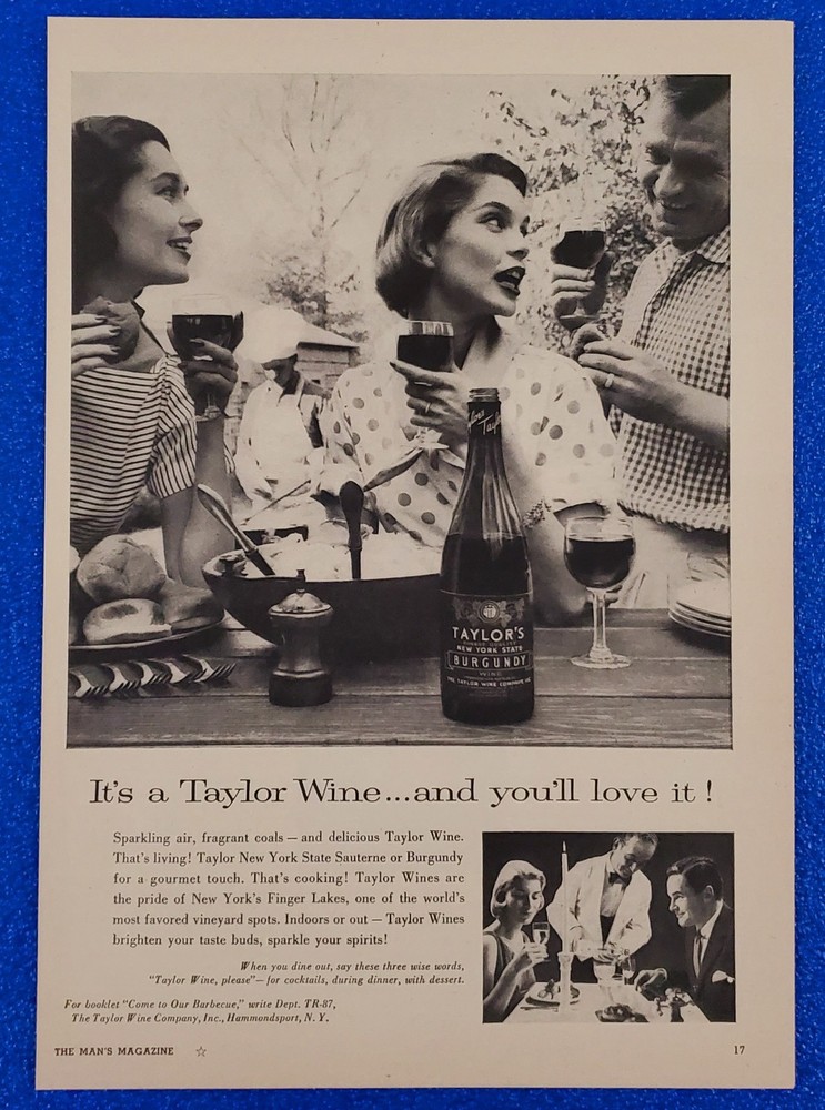 1957 TAYLOR WINE NEW YORK STATE SAUTERNE OR BURGUNDY ORIGINAL MAGAZINE PRINT AD