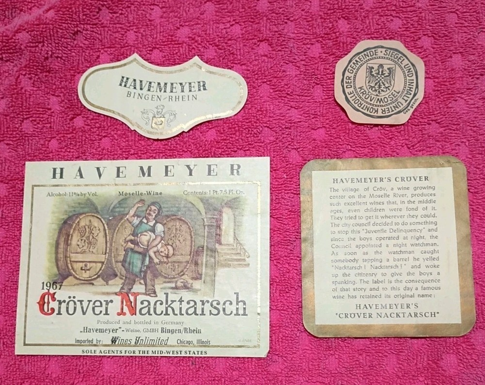 1967 Wine Label Set: Havemeyer Moselle « Cröver Nacktarsch » Bingen Rhein Germany