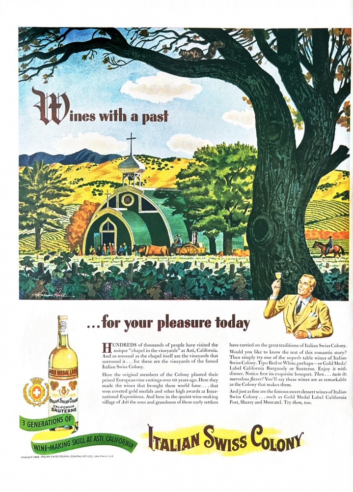 1943 ITALIAN SWISS COLONY WINE Genuine Vintage Print Ad California Winery