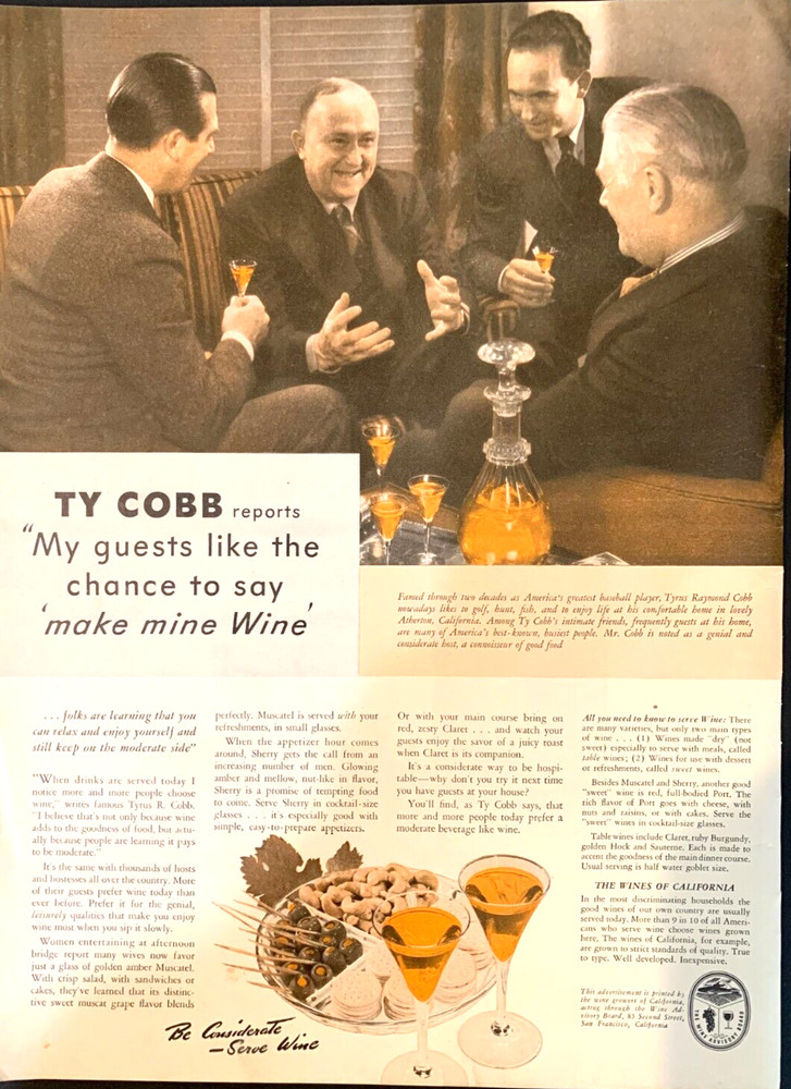 Print Ad Wine Advisory Board California Life Mag 1940 14&Prime;x10&Prime; Ty Cobb Baseball