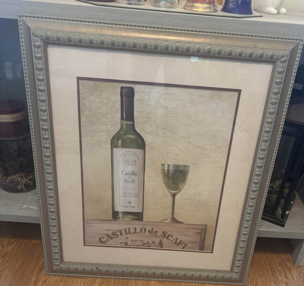 Castillo de Scafi Framed Wine Bottle & Glass Print, Beige Brown Green