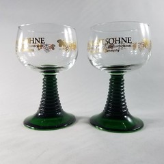 SCHMITT SOHNE Wine Glasses (x2) – Green Ribbed Stem Cordial Vintage W. Germany