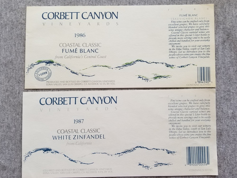 2 Vtg Corbett Canyon Vineyards Wine Bottle Labels Fume Blanc White Zinfandel CA