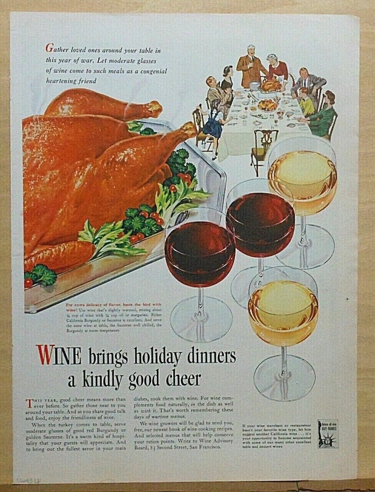 1944 magazine ad for Wine – Wine brings Holiday dinners kindly good cheer, WW2