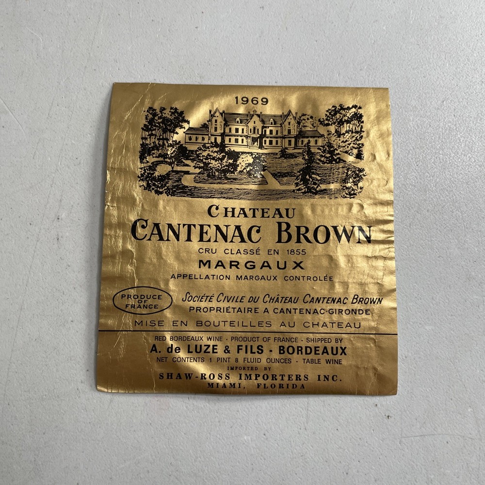 Vintage Wine Bottle Label — 1969 Chateau Cantenac Brown Margaux France