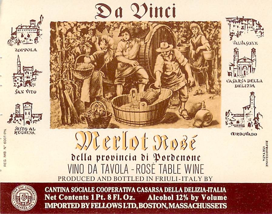 Da Vinci Merlot Rose Friuli Italy Cantina Sociale 1970s 1980s Vtg Wine Label