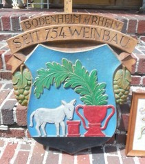 VINTAGE BODENHEIM A/RHEIN GERMANY, LARGE HEAVILY CARVED WOOD CITY SEAL SIGN.