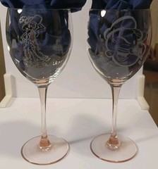 2 Rare-Popeye And Olive Oil Etched Wine Glasses With Pink Stems- Signed By Lamm