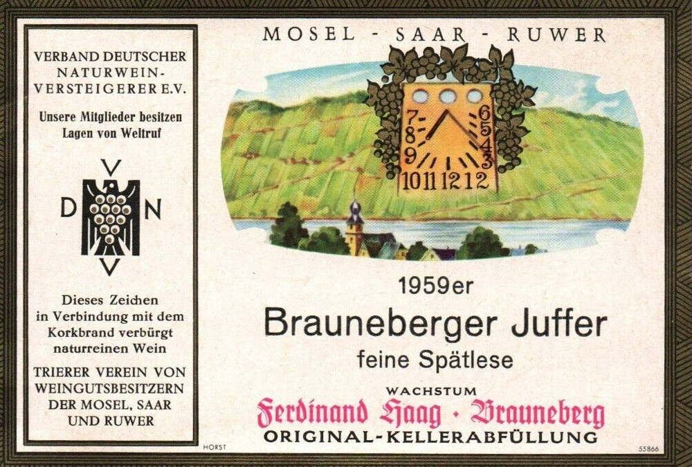 Rare Clock German Wine Label Mosel Saar 1959er Brauneberger Spatlese Ferdinand