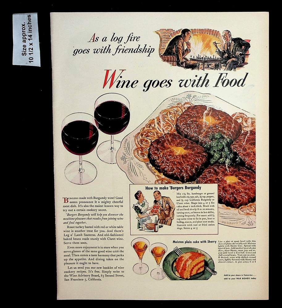 1944 Wine Advisory Board Log Fire Friendship Food Burgers Vintage Print Ad 35032