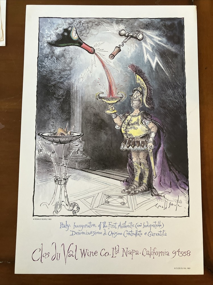 Wine Art Poster Ronald Searle Clos Du Val Italy 1983 Vintage Advertise