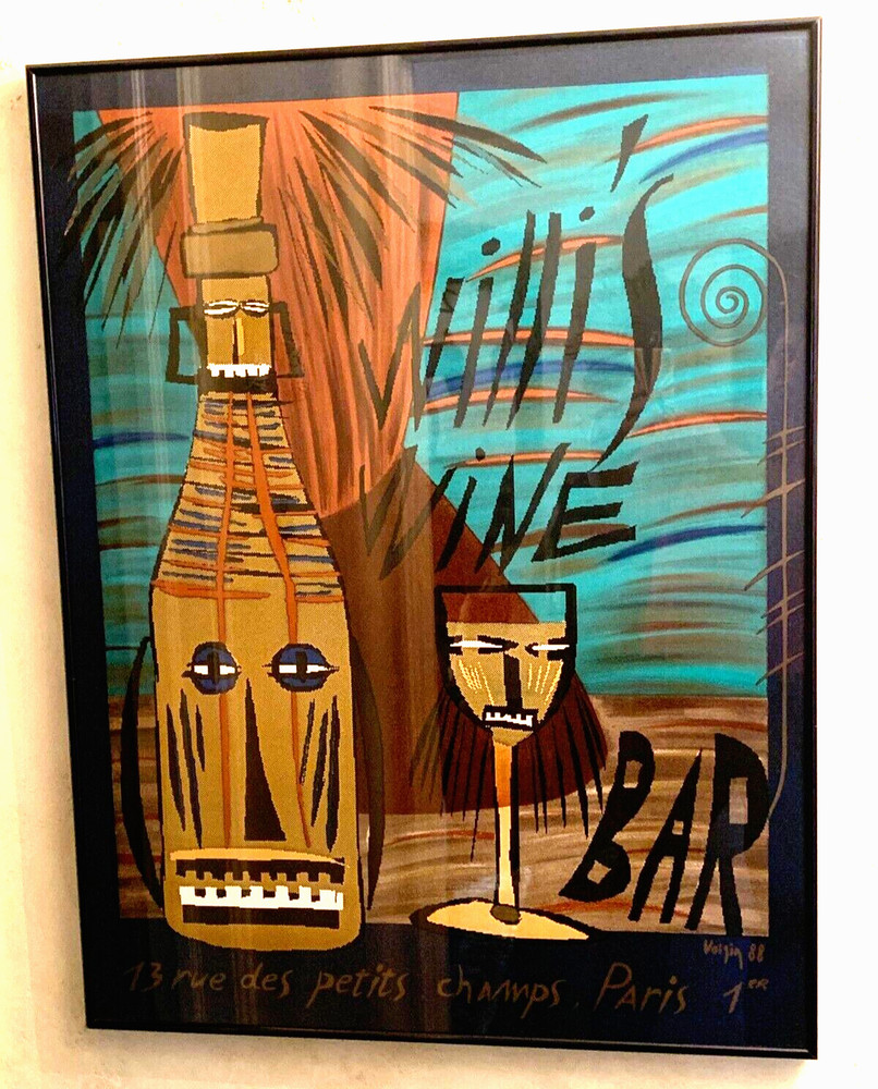 Rare WILLI&rsquo;S WINE BAR Paris France Framed Litho Bistro Poster Signed VOISIN 1988