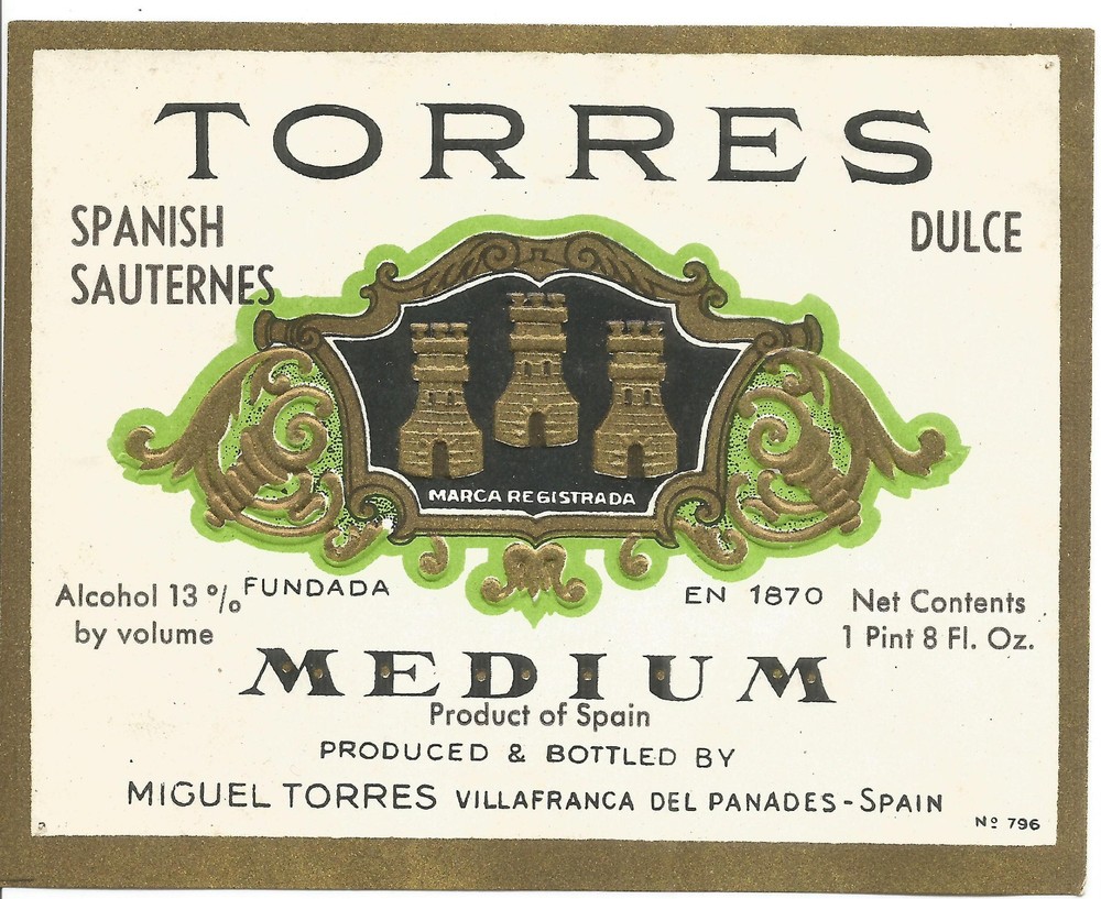 Label-TORRES medium,Villafranco del Panades,Spain,Original vintage ES=melaneybuy