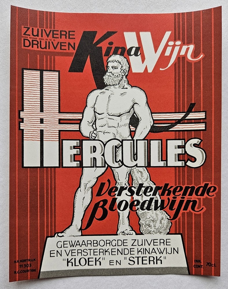 Old Vintage Hercules Wine Bottle Label Quinine Fortified for Strength