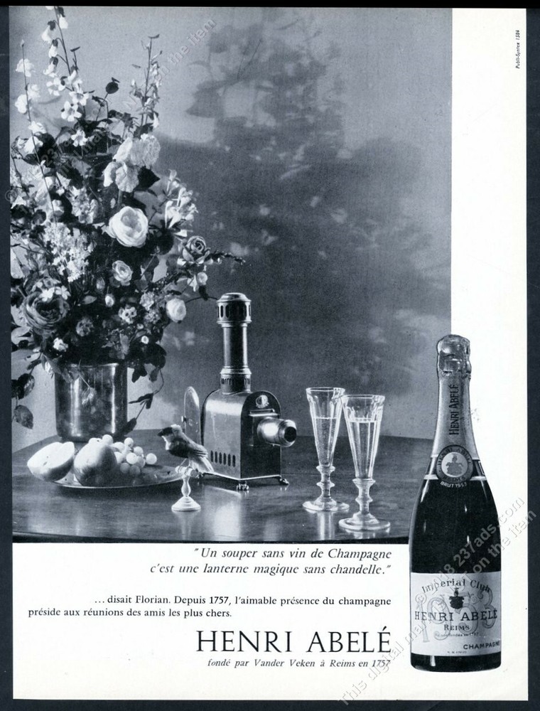 1962 Henri Abele champagne Brut 1953 bottle photo French vintage print ad