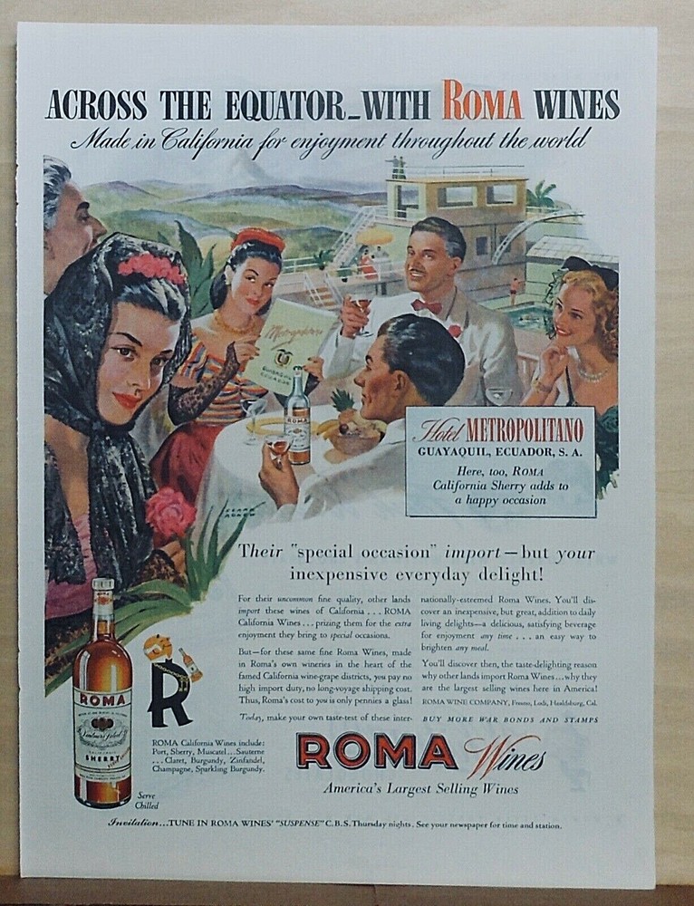 1944 magazine ad for Roma Wines – Hotel Metropolitana Guayaquil Ecuador scene