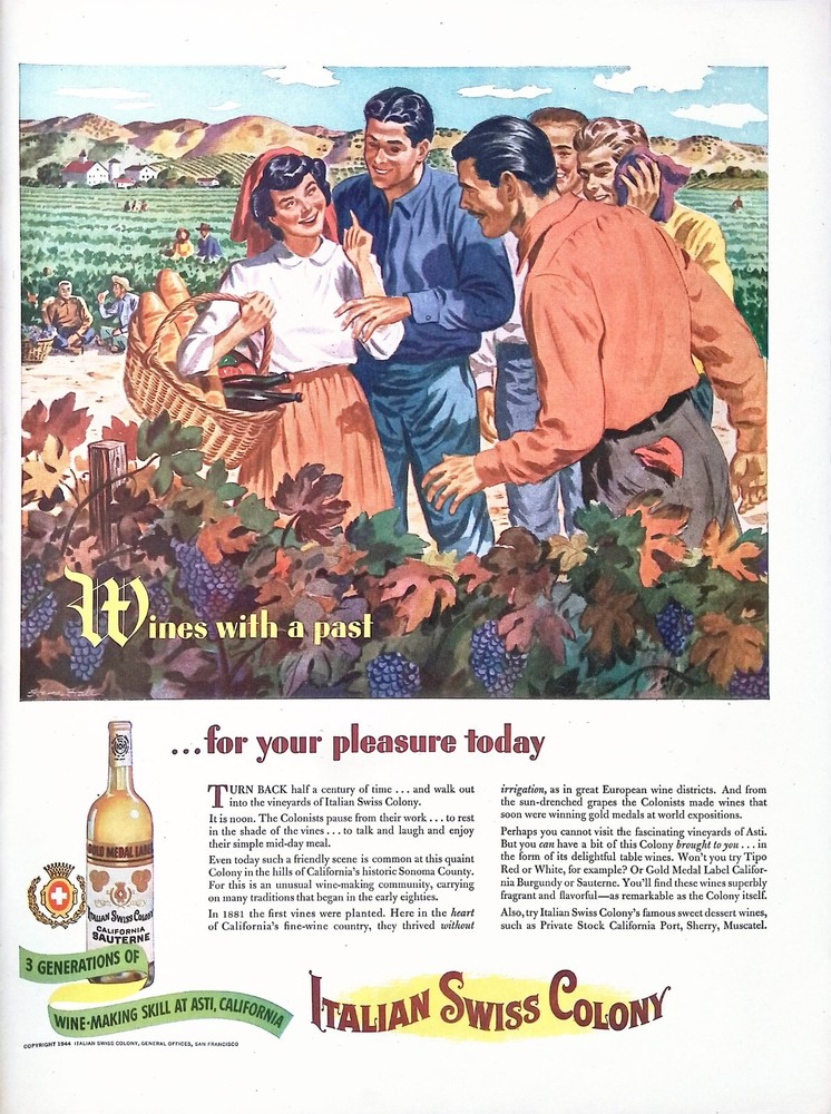 Vintage Print Ad 1944 Italian Swiss Colony Asti California « Wines with a Past »