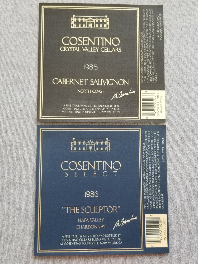 2 Vtg Cosentino Cellars Wine Bottle Paper Labels Cabernet Chardonnay California