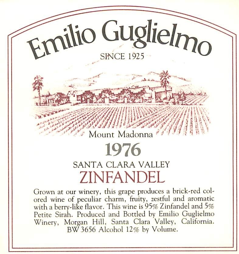 Emilio Guglielmo Winery Zinfandel Santa Clara Valley CA 1970s 1976 Wine Label