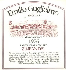 Emilio Guglielmo Winery Zinfandel Santa Clara Valley CA 1970s 1976 Wine Label
