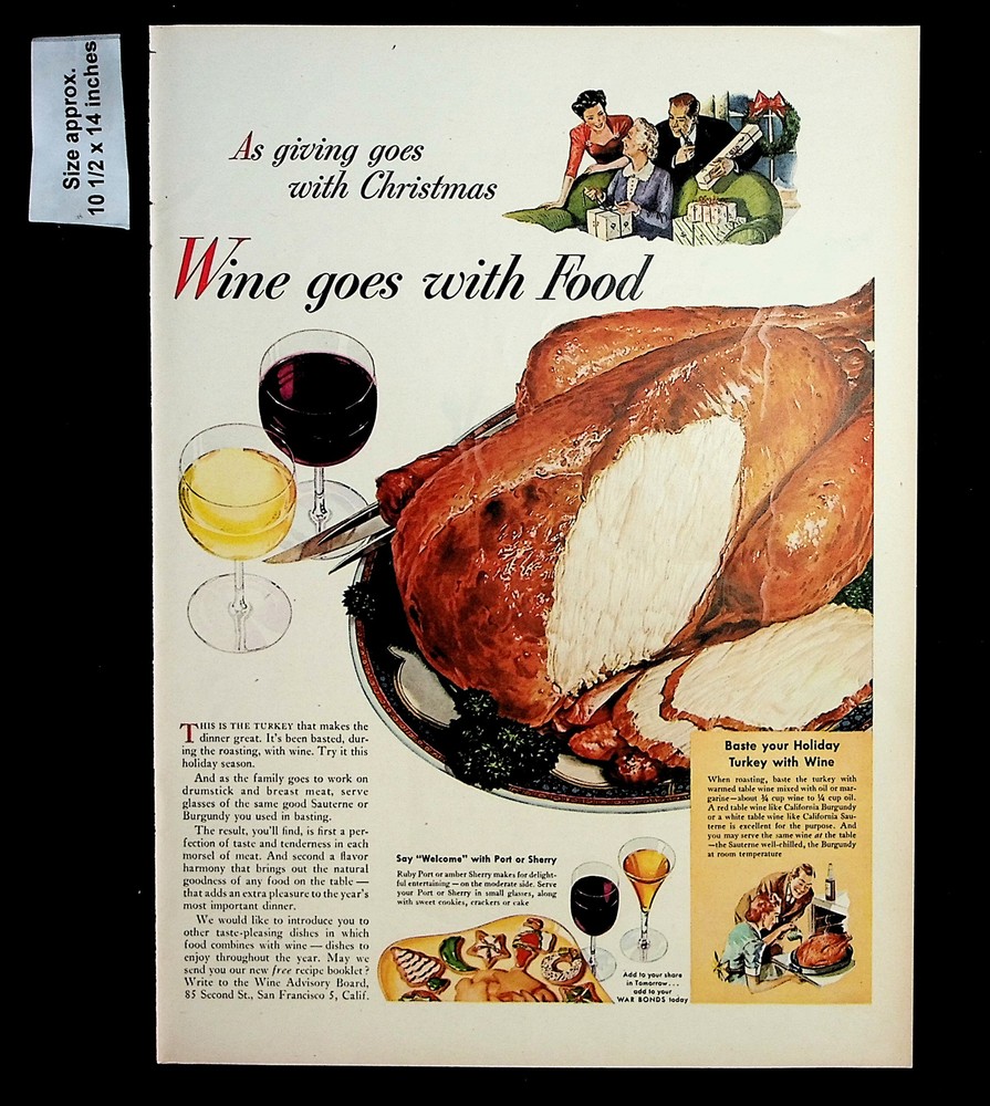 1944 Wine Advisory Board Food Turkey Roasting Christmas Vintage Print Ad 35108