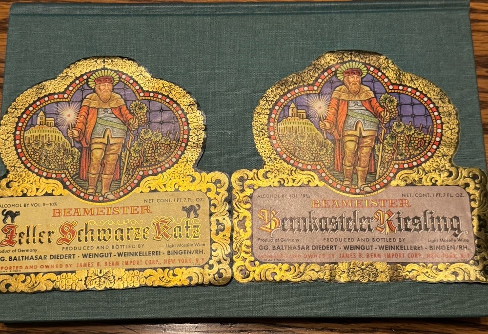 2 Ornate Antique Jim Beam Labels Imported James B Beam Moselle Wine NY NY