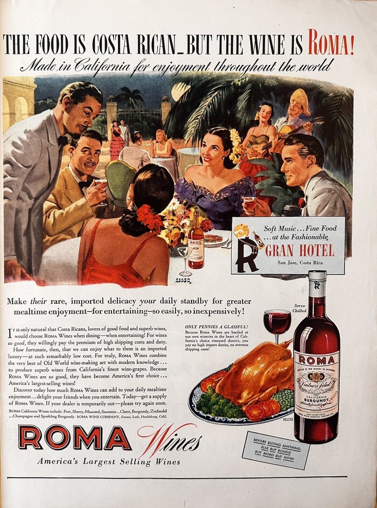 1944 Roma Wines Print Ad, Gran Hotel San Jose Costa Rica Illustration
