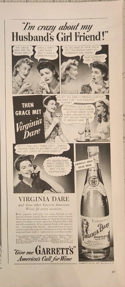 1941 Garrett&rsquo;a Virginia Dare American White Wine Vintage Ad 14 x 5 Girl Friend