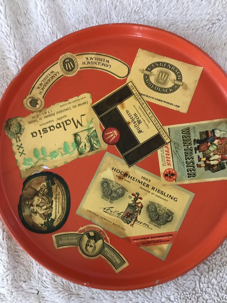 Vintage Wine Labels On A West Germany Tray 1953 Hochheimer Randersaderer