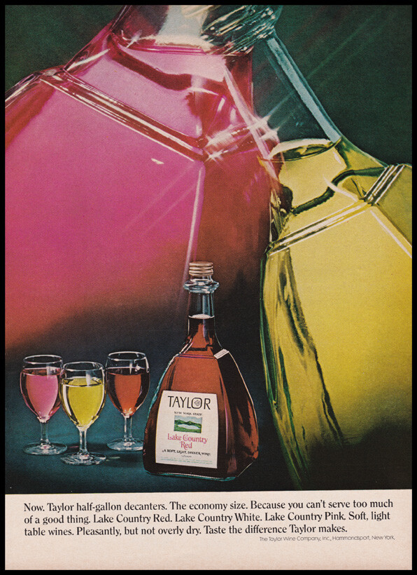 Taylor wine PRINT AD 1972 half-gallon non-round bottles, backpacks