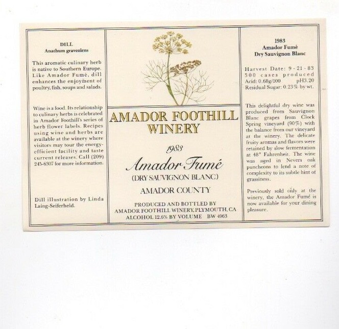 Original 1983 Amador Foothill Winery LABEL California Fume Sauvignon Blanc NOS