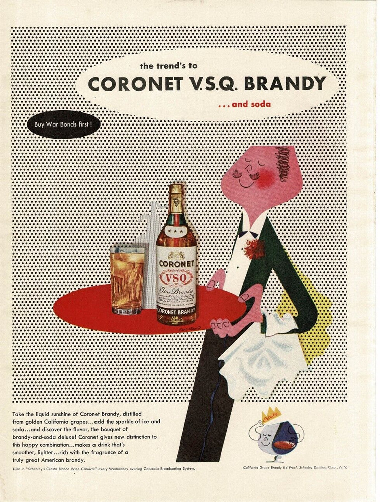 1943 Coronet VSQ Brandy art Artist Paul Rand WWII Buy War Bonds Vintage Print Ad