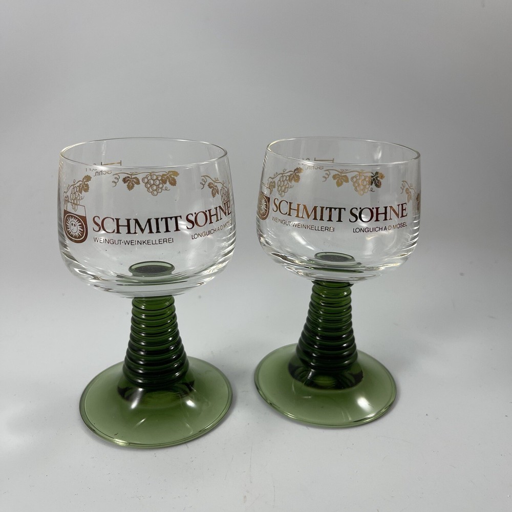 Pair Of Schmitt Sohne Winery 0.1L German Wine Glasses Clear Green Ribbed Stem