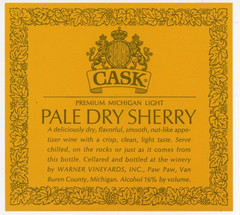 1960s-70s Paw Paw, MI Wine Cask Pale Dry Sherry Warner Vineyards, Inc #2G2