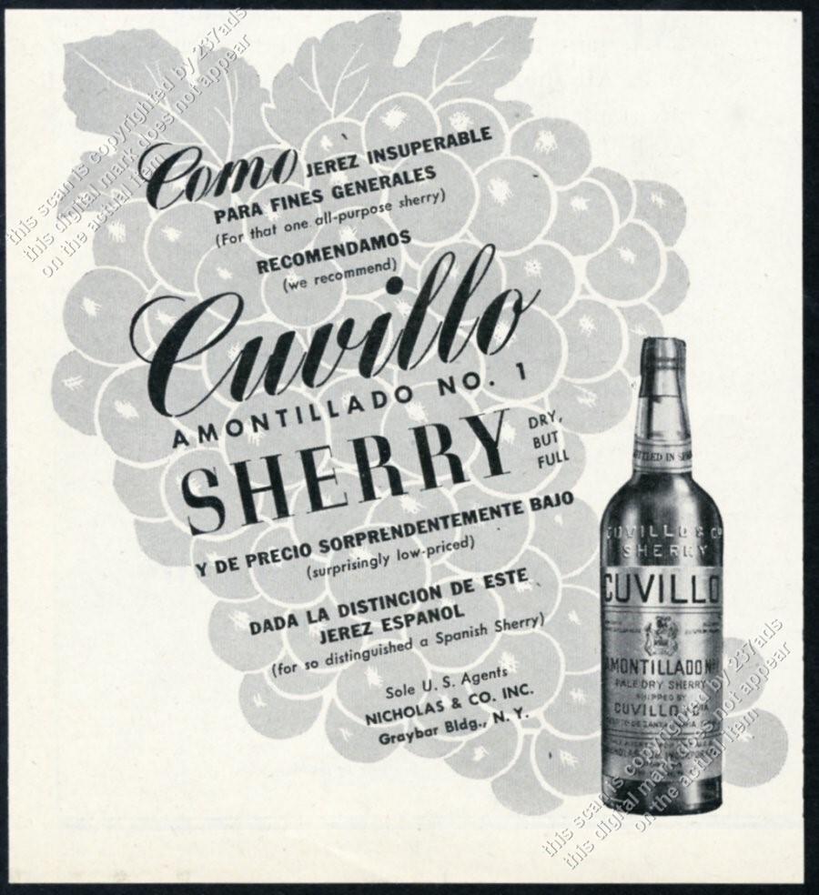 1944 Cuvillo Amontillado Sherry bottle photo grapes art vintage print ad