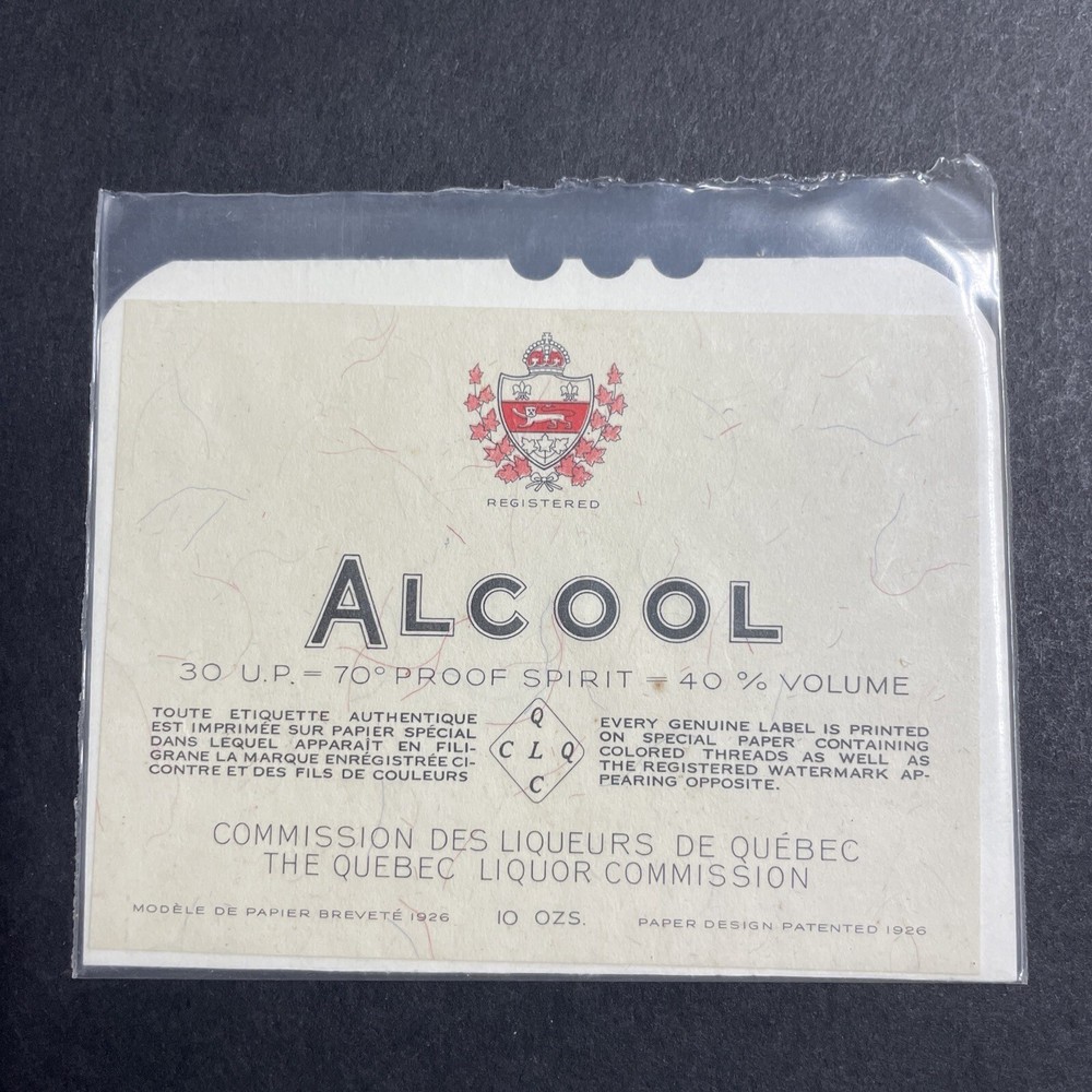 Vintage 1926 Alcool Spirits UNUSED Paper Label Quebec Canada Q1908